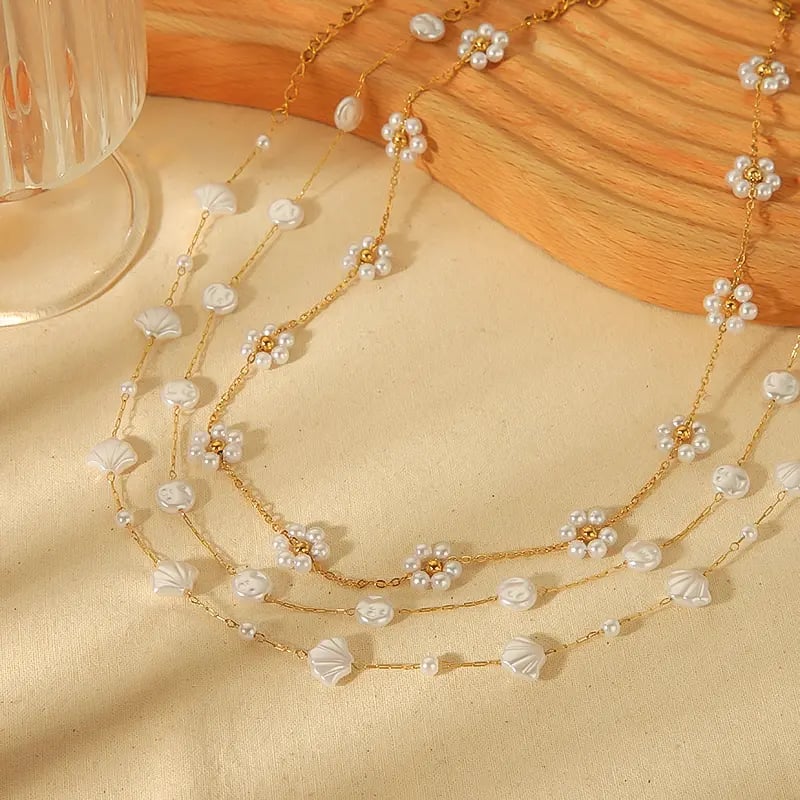 1 Pair 1 piece exquisite fashion  gold-plated stainless steel pearl flower shell necklace women's jewelry daily wear Women Chain necklaces 